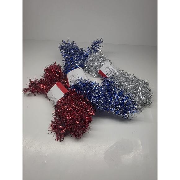 Lot of 3 - Holiday Style Christmas Garland Tinsel 15 ft Each Red White Blue - Picture 2 of 3